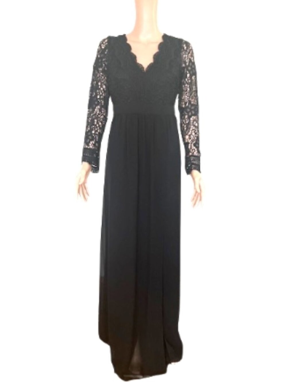 Maniju Elegant Black Lace Bodice Maxi Dress Medium Long Sleeve Lined Slit Skirt
